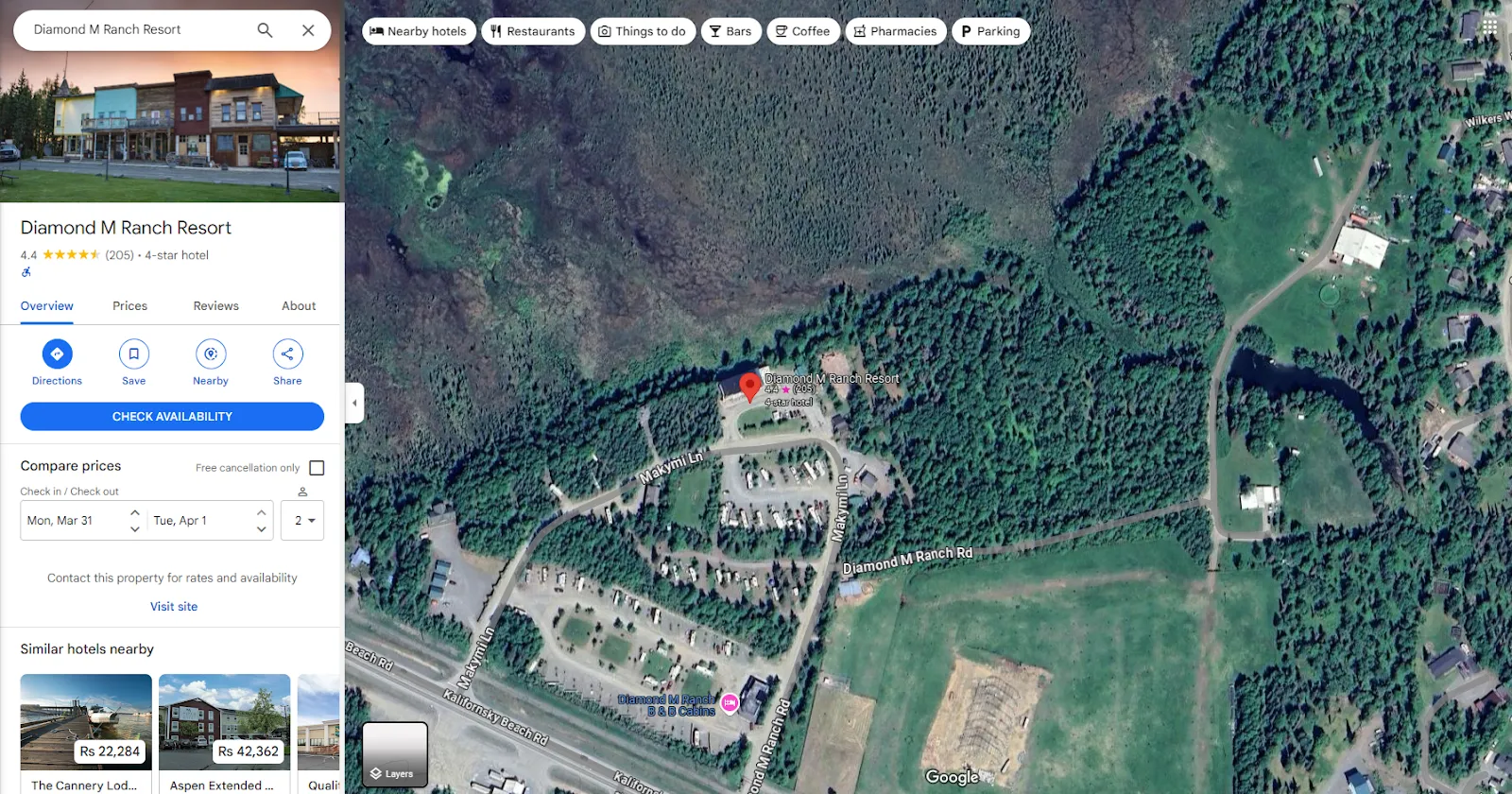 Map view showing Diamond M Ranch Resort location in Kenai, Alaska